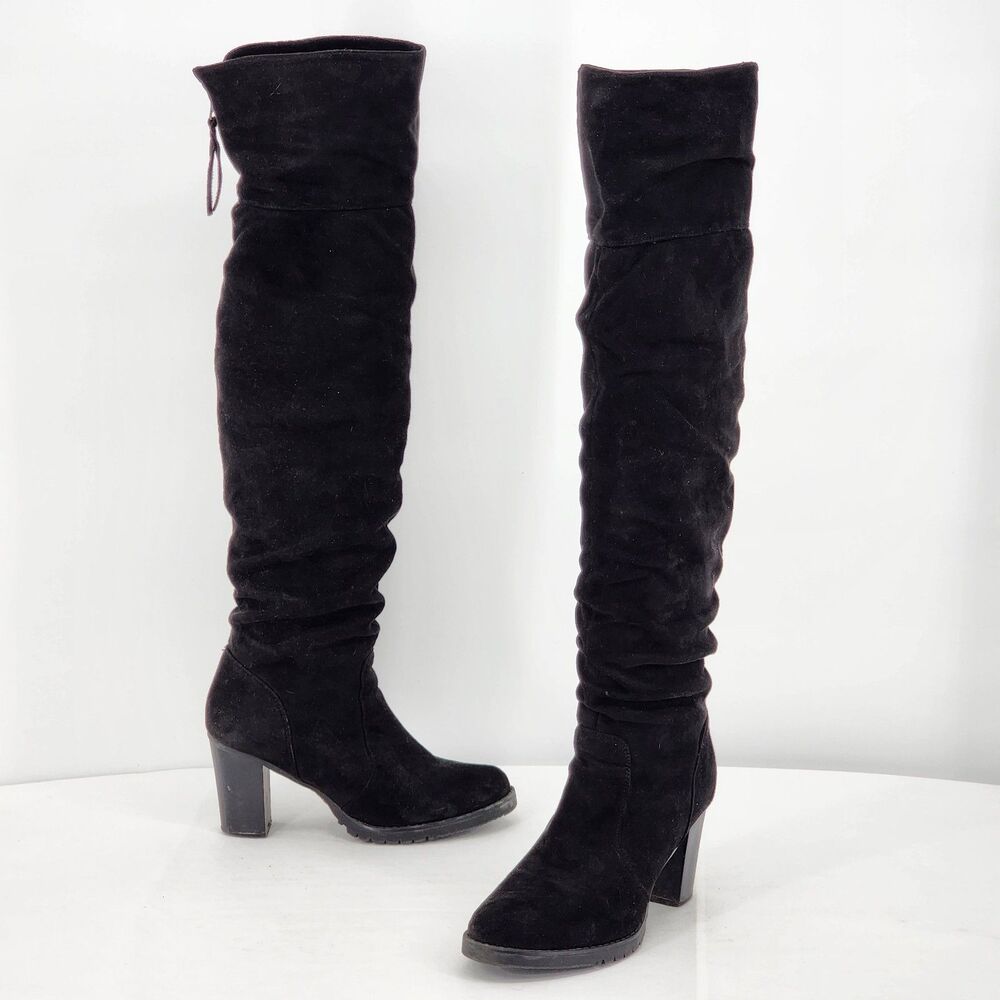 Faux Suede Black Over The Knee Heeled Boots Size 39 EU